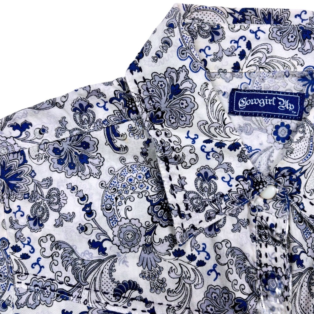 Cowgirl Up Western Shirt Womens S Blue Paisley Floral Pearl Snap Cowgirl Rodeo